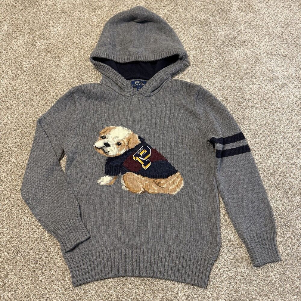 Polo Ralph Lauren Kids Varsity Dog Intarsia Knit Hoodie Size 7 Boys Preppy Patch